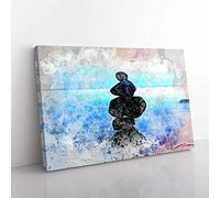 Big Box Art Balancing Zen Stones Upon a Lake in Abstract Canvas Wall Art Print Ready to Hang Picture, 76 x 50 cm (30 x 20 Inch), Grey, Turquoise, Blue, Black, Lavender