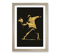 Big Box Art Banksy in Black Gold Flower Thrower Framed Wall Art Picture Print Ready to Hang, Oak A2 (62 x 45 cm)