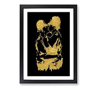Big Box Art Banksy in Gold Kissing Policemen Framed Wall Art Picture Print Ready to Hang, Black A2 (62 x 45 cm)