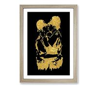 Big Box Art Banksy in Gold Kissing Policemen Framed Wall Art Picture Print Ready to Hang, Oak A2 (62 x 45 cm)