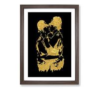 Big Box Art Banksy in Gold Kissing Policemen Framed Wall Art Picture Print Ready to Hang, Walnut A2 (62 x 45 cm)
