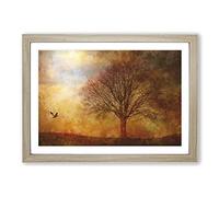 Big Box Art Bird and Tree at Sunset Painting Framed Wall Art Picture Print Ready to Hang, Oak A2 (62 x 45 cm)