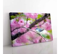 Big Box Art Bird in The Cherry Blossom Tree in Abstract Canvas Wall Art Print Ready to Hang Picture, 76 x 50 cm (30 x 20 Inch), Lavender, Grey, Brown, Olive, Green