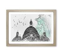 Big Box Art Birds Above Sacre Coeur Paris in Abstract Framed Wall Art Picture Print Ready to Hang, Oak A2 (62 x 45 cm)