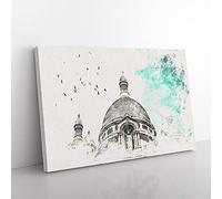 Big Box Art Birds Above Sacre Coeur Paris Watercolour Canvas Wall Art Print Ready to Hang Picture, 76 x 50 cm (30 x 20 Inch), White, Grey, Teal, Grey, Black