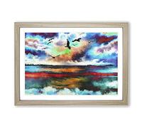 Big Box Art Birds Over A Colourful Ocean Painting Framed Wall Art Picture Print Ready to Hang, Oak A2 (62 x 45 cm)