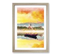 Big Box Art Boat in Lake Bled in Slovenia in Abstract Framed Wall Art Picture Print Ready to Hang, Oak A2 (62 x 45 cm)