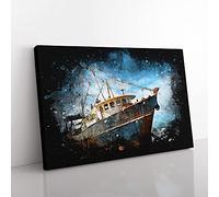 Big Box Art Boat Wreck On The Beach Paint Splash Canvas Wall Art Print Ready to Hang Picture, 76 x 50 cm (30 x 20 Inch), Black, Blue, Teal
