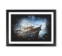 Big Box Art Boat Wreck On The Beach Paint Splash Framed Wall Art Picture Print Ready to Hang, Black A2 (62 x 45 cm)