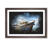 Big Box Art Boat Wreck On The Beach Paint Splash Framed Wall Art Picture Print Ready to Hang, Walnut A2 (62 x 45 cm)