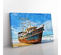 Big Box Art Boat Wreck On The Beach Painting Canvas Wall Art Print Ready to Hang Picture, 76 x 50 cm (30 x 20 Inch), Blue, Blue, Brown