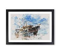 Big Box Art Boat Wreck On The Beach Watercolour Framed Wall Art Picture Print Ready to Hang, Black A2 (62 x 45 cm)