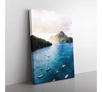 Big Box Art Boats in El Nido in The Philippines Painting Canvas Wall Art Print Ready to Hang Picture, 76 x 50 cm (30 x 20 Inch), White, Blue, Teal