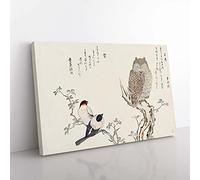 Big Box Art Bullfinch Birds & Hornes Owl by Kitagawa Utamaro Painting Canvas Wall Art Print Ready to Hang Picture, 76 x 50 cm (30 x 20 Inch), White, Brown, Green