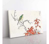 Big Box Art Bunting Bird & Orange Flowers by Numata Kashu Painting Canvas Wall Art Print Ready to Hang Picture, 76 x 50 cm (30 x 20 Inch), White, Grey, Red, Orange, Grey
