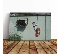 Big Box Art Canvas Print Banksy Swinger Building Graffiti Wall Art | Mounted & Stretched Box Frame Picture | Home Decor for Kitchen, Living Room, Bedroom, Hallway, Multi-Colour, 20x14 Inch