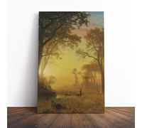 Big Box Art Canvas Print Wall Art Albert Bierstadt Sunset River with Deer | Mounted & Stretched Framed Picture | Home Decor for Kitchen, Living Room, Bedroom, Hallway, Multi-Colour, 20x14 Inch