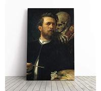 Big Box Art Canvas Print Wall Art Arnold Bocklin Self Protrait, Death Playing The Fiddle|Mounted & Stretched Box Frame Picture|Home Decor for Kitchen, Living Room, Bedroom, Multi-Colour, 30x20 Inch