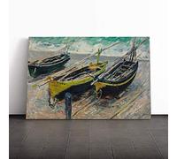 Big Box Art Canvas Print Wall Art Claude Monet Three Fishing Boats | Mounted and Stretched Box Frame Picture | Home Decor for Kitchen, Living Room, Bedroom, Hallway, Multi-Colour, 30x20 Inch