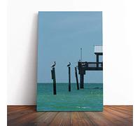 Big Box Art Canvas Print Wall Art Fishing Pier with Pelicans Seascape | Mounted & Stretched Box Frame Picture | Home Decor for Kitchen, Living Room, Bedroom, Hallway, Multi-Colour, 30x20 Inch