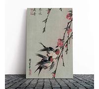 Big Box Art Canvas Print Wall Art Hiroshige Japanese Oriental Moon Swalls Peach Blossoms | Mounted Stretched Box Frame Picture | Home Decor for Kitchen, Living Room, Bedroom, Multi-Colour, 30x20 Inch