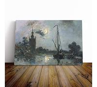 Big Box Art Canvas Print Wall Art Johan Jongkind Moonshine | Mounted and Stretched Box Frame Picture | Home Decor for Kitchen, Living, Dining Room, Bedroom, Hallway, Multi-Colour, 24x16 Inch