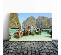 Big Box Art Canvas Print Wall Art Longboats Boats Tropical Island | Mounted and Stretched Box Frame Picture | Home Decor for Kitchen, Living Room, Bedroom, Hallway, Multi-Colour, 24x16 Inch