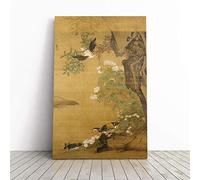 Big Box Art Canvas Print Wall Art Lu Ji Ducks and Hollyhocks Japanese Oriental | Mounted & Stretched Box Frame Picture | Home Decor for Kitchen, Living Room, Bedroom, Hallway, Multi-Colour, 30x20 Inch