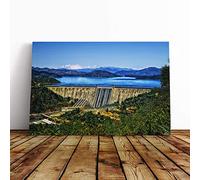 Big Box Art Canvas Print Wall Art Mountains and Fontana Dam North Carolina | Mounted & Stretched Box Frame Picture | Home Decor for Kitchen, Living Room, Bedroom, Hallway, Multi-Colour, 20x14 Inch