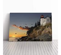 Big Box Art Canvas Print Wall Art Seascape Lighthouse Bar Harbour Maine USA | Mounted & Stretched Box Frame Picture | Home Decor for Kitchen, Living Room, Bedroom, Hallway, Multi-Colour, 24x16 Inch