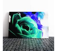 Big Box Art Canvas Print Wall Art Teal Flower Rose | Mounted and Stretched Box Frame Picture | Home Decor for Kitchen, Living, Dining Room, Bedroom, Hallway, Multi-Colour, 24x16 Inch