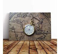 Big Box Art Canvas Print Wall Art Vintage Pocket Watch and World Map (1) | Mounted & Stretched Box Frame Picture | Home Decor for Kitchen, Living Room, Bedroom, Hallway, Multi-Colour, 24x16 Inch