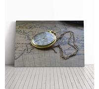 Big Box Art Canvas Print Wall Art Vintage Pocket Watch and World Map (2) | Mounted & Stretched Box Frame Picture | Home Decor for Kitchen, Living Room, Bedroom, Hallway, Multi-Colour, 24x16 Inch