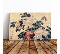Big Box Art Canvas Print Wall Hokusai Peonies and Butterfly Japanese Oriental Art | Mounted & Stretched Box Frame Picture | Home Decor for Kitchen, Living Room, Bedroom, Multi-Colour, 24x16 Inch