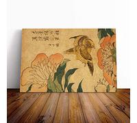 Big Box Art Canvas Print Wall Hokusai Peony and Canary Japanese Oriental Art | Mounted & Stretched Box Frame Picture | Home Decor for Kitchen, Living Room, Bedroom, Multi-Colour, 20x14 Inch