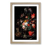 Big Box Art Cat and Flowers by Abraham Mignon Framed Wall Art Picture Print Ready to Hang, Oak A2 (62 x 45 cm)