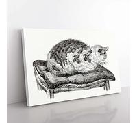 Big Box Art Cat Upon a Cushion by Jean Bernard Canvas Wall Art Print Ready to Hang Picture, 76 x 50 cm (30 x 20 Inch), White, Grey, Green, Black