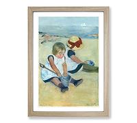 Big Box Art Children Playing On The Beach by Mary Cassatt Framed Wall Art Picture Print Ready to Hang, Oak A2 (62 x 45 cm)