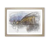 Big Box Art Cologne Cathedral & The Hohenzollern Bridge Sketch Framed Wall Art Picture Print Ready to Hang, Oak A2 (62 x 45 cm)