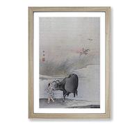 Big Box Art Cow at The Rivers Edge by Hashimoto Gaho Framed Wall Art Picture Print Ready to Hang, Oak A2 (62 x 45 cm)