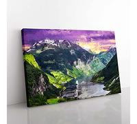 Big Box Art Cruise Ships Passing by Norway in Abstract Canvas Wall Art Print Ready to Hang Picture, 76 x 50 cm (30 x 20 Inch), Black, Grey, Lavender, Olive, Green