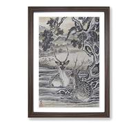 Big Box Art Deer Below The Monkeys by Kawanabe Kyosai Framed Wall Art Picture Print Ready to Hang, Walnut A2 (62 x 45 cm)