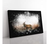 Big Box Art Deer Stag in The Fog Paint Splash Canvas Wall Art Print Ready to Hang Picture, 76 x 50 cm (30 x 20 Inch), White, Beige, Brown