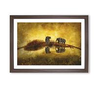 Big Box Art Elephants at Sunset Painting Framed Wall Art Picture Print Ready to Hang, Walnut A2 (62 x 45 cm)