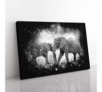 Big Box Art Elephants Crossing Paths Paint Splash Canvas Wall Art Print Ready to Hang Picture, 76 x 50 cm (30 x 20 Inch), Black, Grey, White, Grey