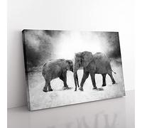 Big Box Art Elephants Crossing Paths Painting Canvas Wall Art Print Ready to Hang Picture, 76 x 50 cm (30 x 20 Inch), Black, Grey, White, Grey