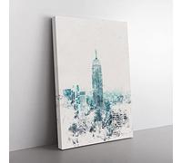 Big Box Art Empire State Building in New York Watercolour Canvas Wall Art Print Ready to Hang Picture, 76 x 50 cm (30 x 20 Inch), White, Teal, Turquoise, Teal, Blue