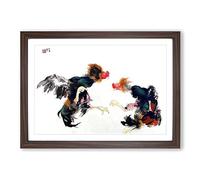 Big Box Art Fighting Cocks by Takeuchi Seiho Framed Wall Art Picture Print Ready to Hang, Walnut A2 (62 x 45 cm)