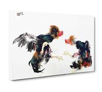 Big Box Art Fighting Cocks by Takeuchi Seiho Painting Canvas Wall Art Framed Picture Print, 30 x 20 Inch (76 x 50 cm), White, Red, Black, Grey, Red