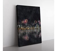 Big Box Art Fireworks Above The Chicago Painting Canvas Wall Art Print Ready to Hang Picture, 76 x 50 cm (30 x 20 Inch), Blue, Lavender, Grey, Red